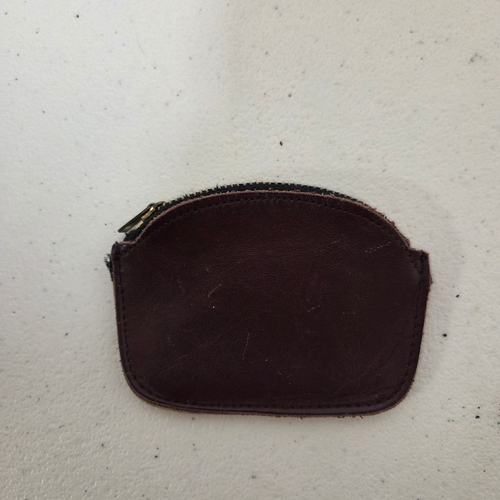 Vintage Dark Brown Leather Coin Pouch Minimalist Zippered Change Purse Half Moon